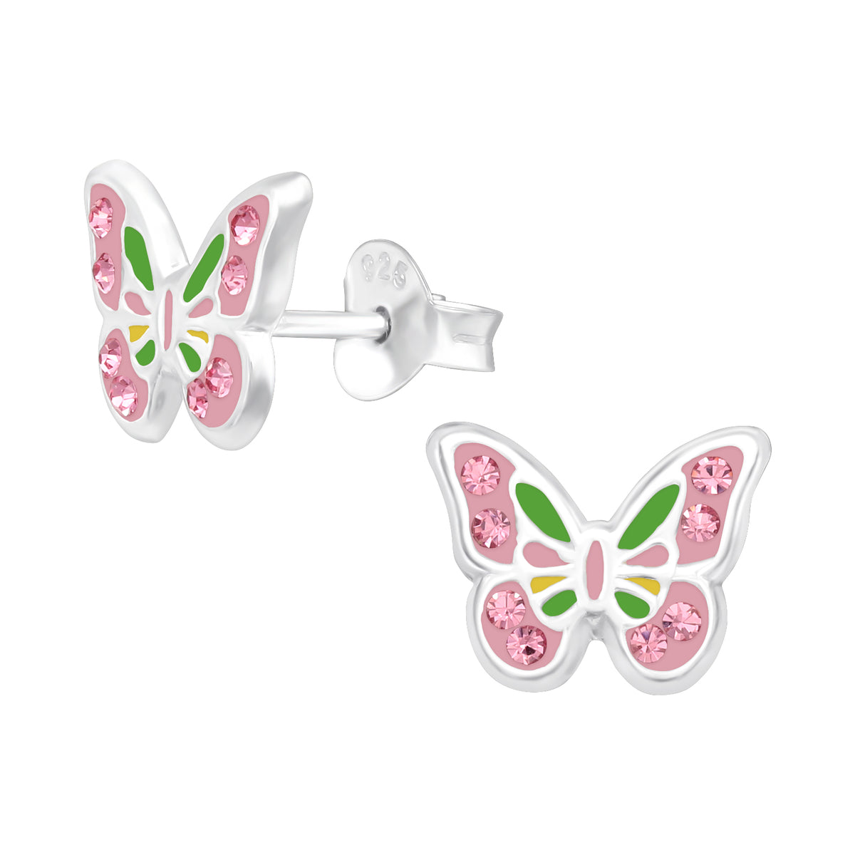 Zilveren kinderoorbellen vlinder roze/groen