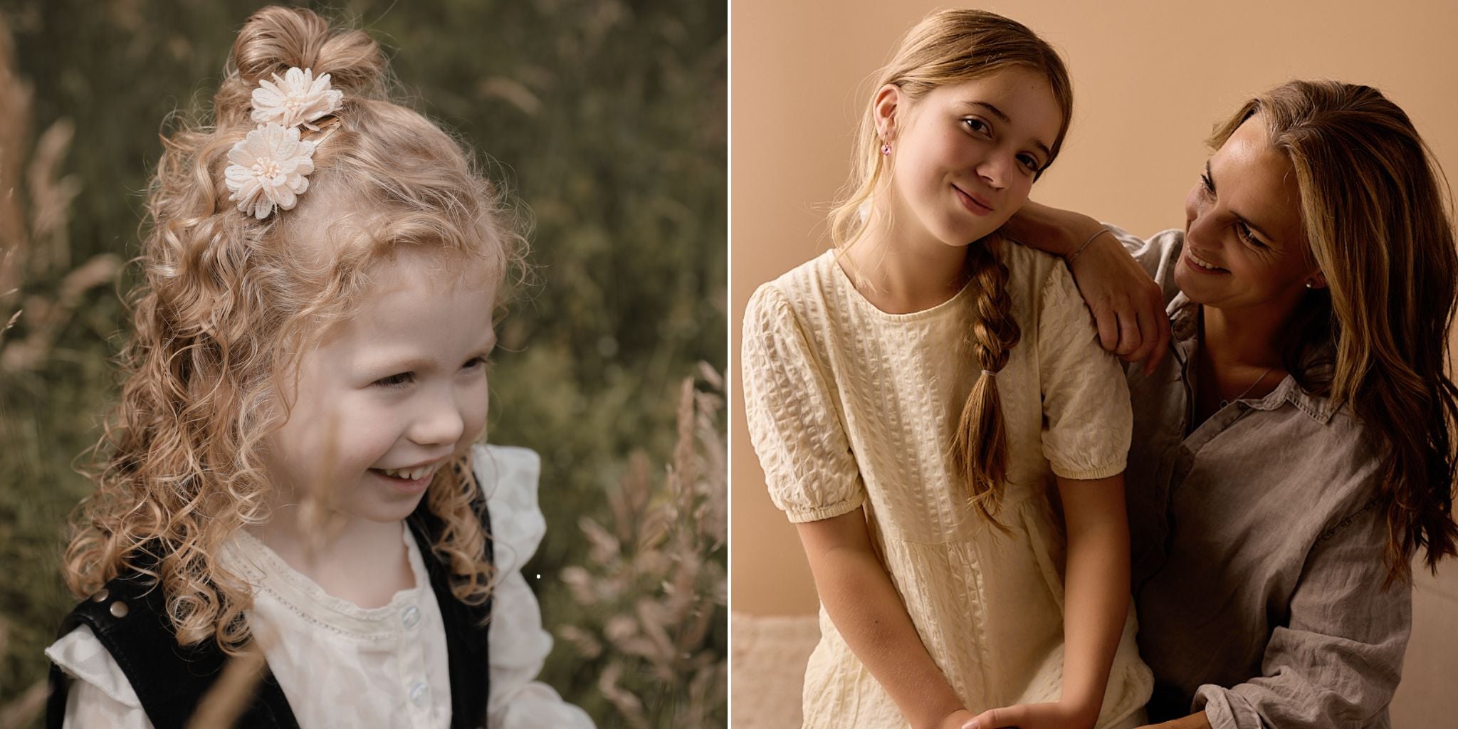 Meisje met beige bloemetjes op haarspeldje in het haar en moeder en dochter met oorbellen van Blomdahl in.