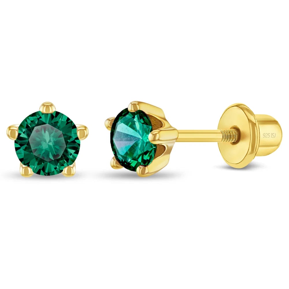 Zilveren kinderoorbellen goldplated knopje groen zirconia | schroefsluiting