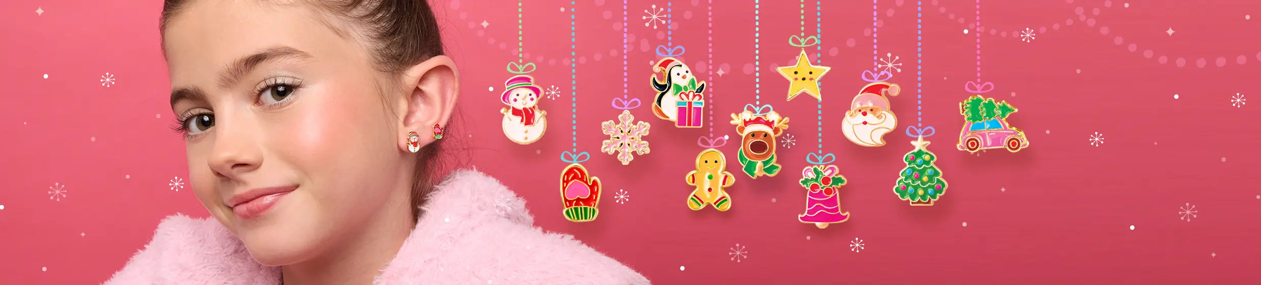 Meisje met kerstoorbelletjes in en een overzicht van alle kerstoorbelletjes