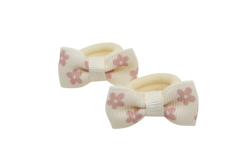 Kleine elastiekjes met mini strikjes – creme met sweet nectar bloemetje - Staartjes en Strikjes