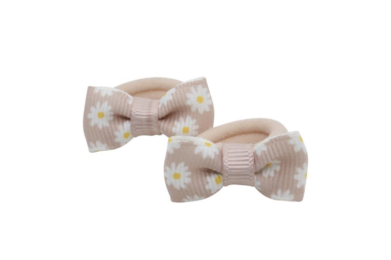 Kleine elastiekjes met mini strikjes – vanillebruin gebloemd - Staartjes en Strikjes