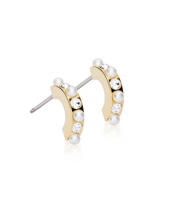 Oorbellen Blomdahl titanium boogje goudkleurig met pareltjes en kristallen – 10 mm - Staartjes en Strikjes