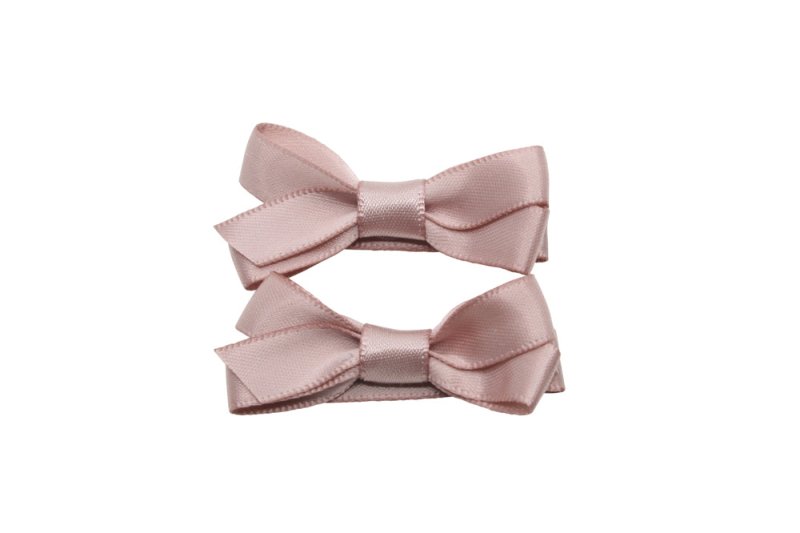 Setje kleine alligator haarspeldjes met strikje satijn antique mauve - Staartjes en Strikjes