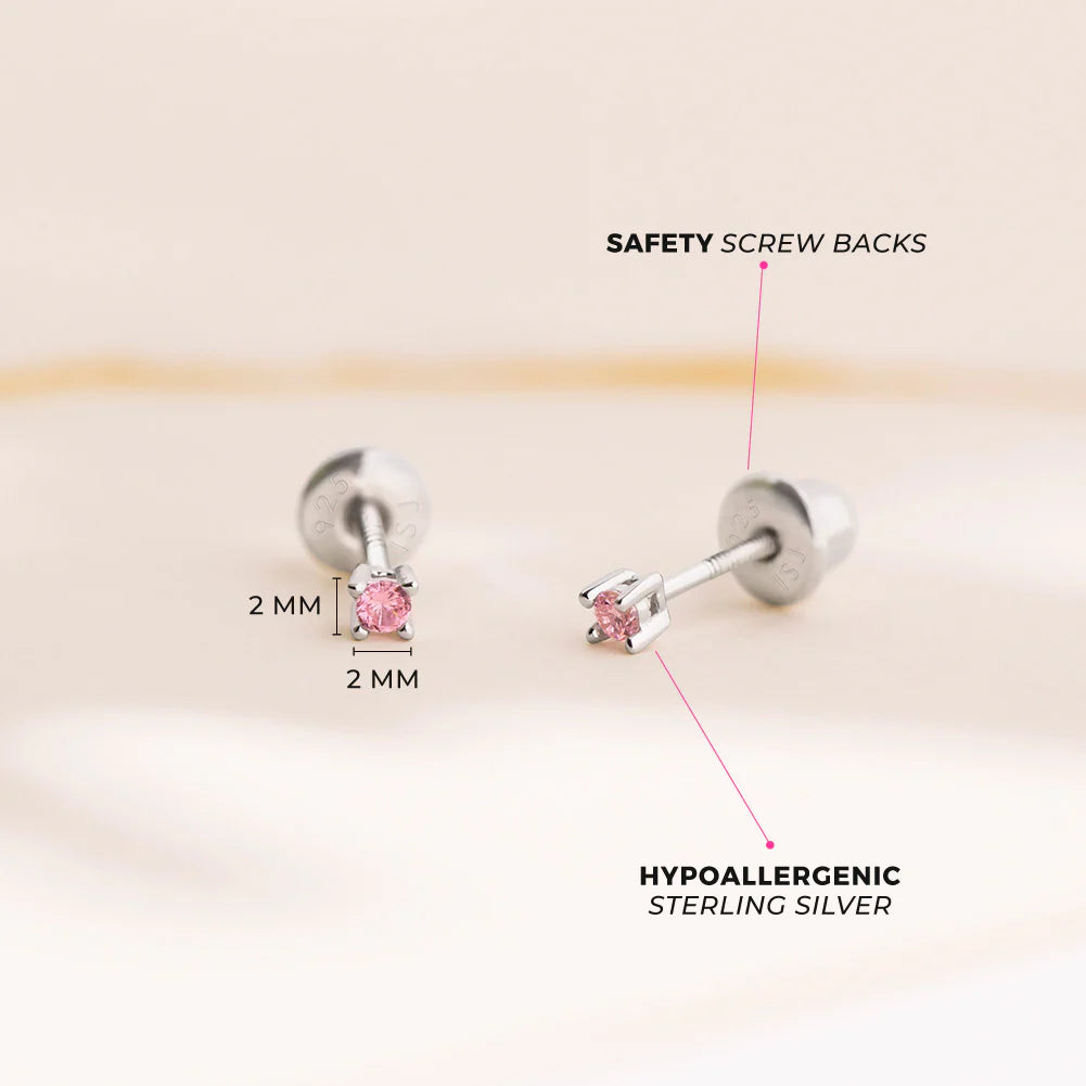 Silberne Kinderohrstecker, 2 mm. Hellrosa Zirkonia | Schraubverschluss