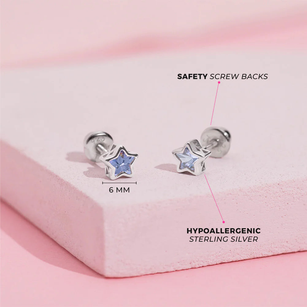 Zilveren kinderoorbellen sterretje zacht paars zirconia | schroefsluiting