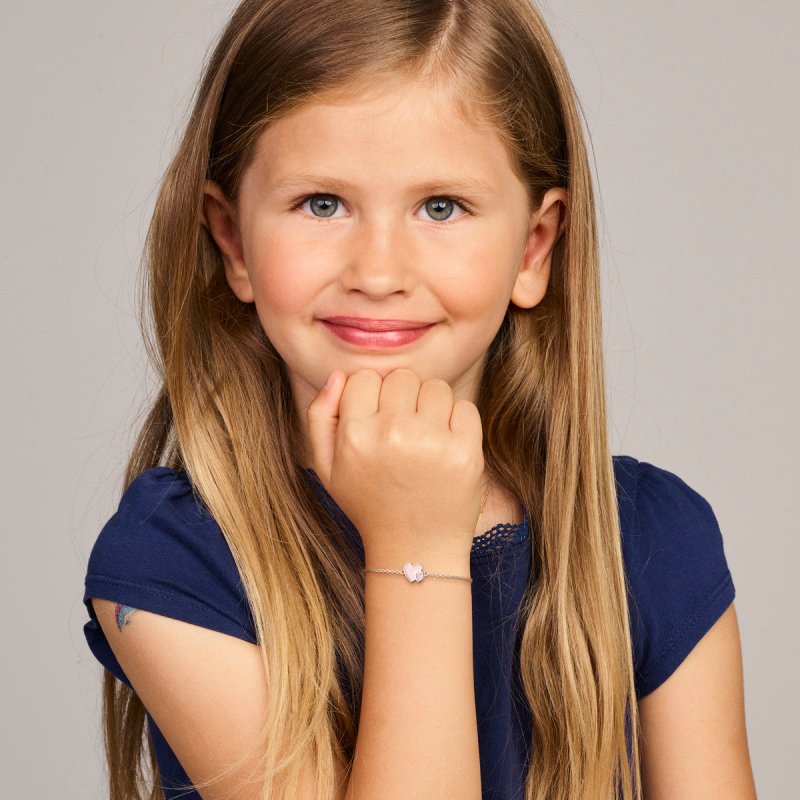 Zilveren bedel armbandje hartje roze/paars - Staartjes en Strikjes