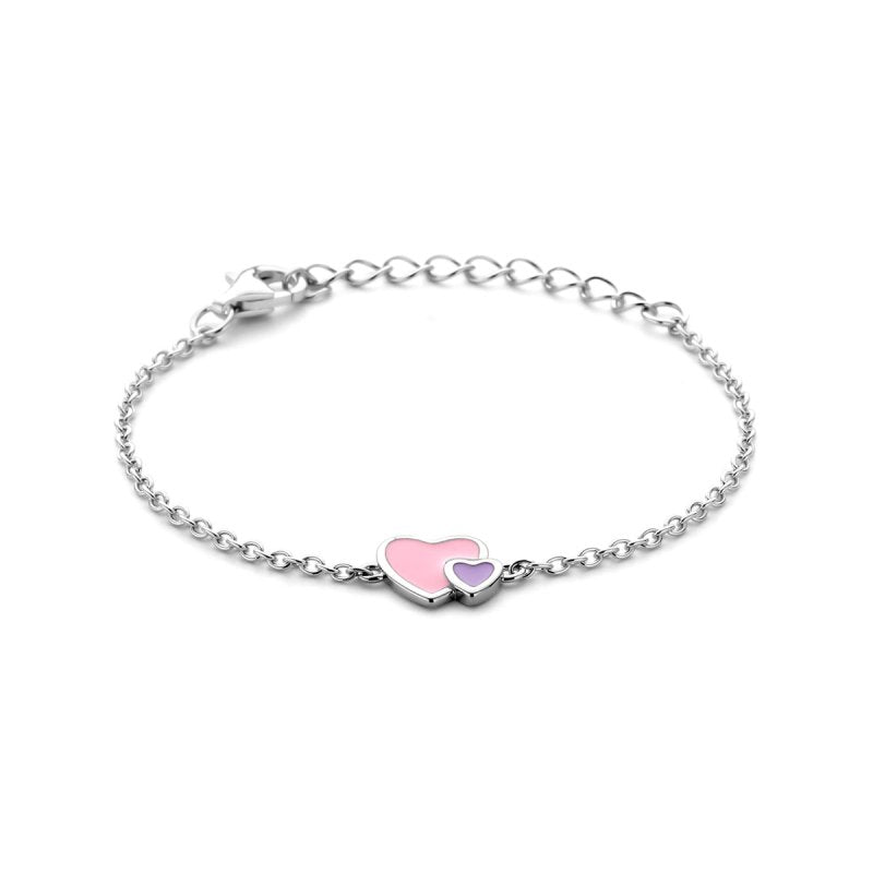 Zilveren bedel armbandje hartje roze/paars - Staartjes en Strikjes