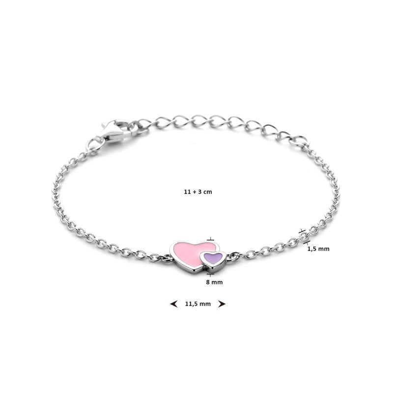 Zilveren bedel armbandje hartje roze/paars - Staartjes en Strikjes