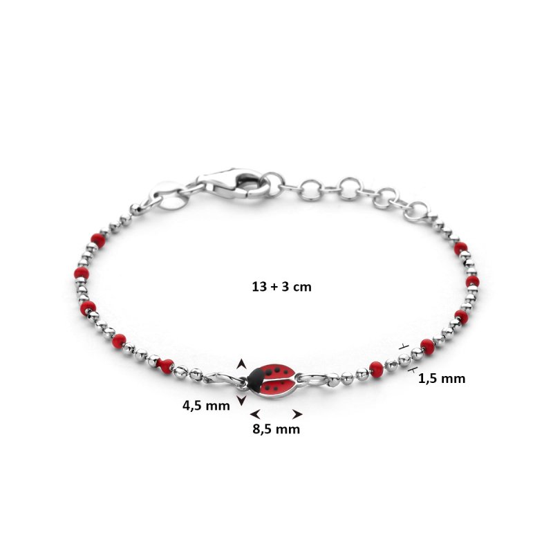 Zilveren bedel armbandje lieveheersbeestje rood met bolletjes - Staartjes en Strikjes