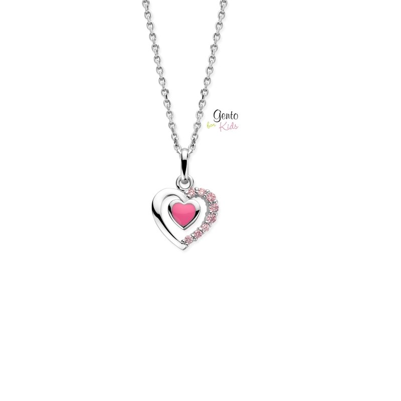 Zilveren ketting hartje roze met zirconia Gento for kids - Staartjes en Strikjes