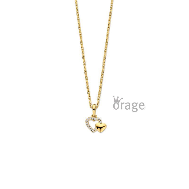 Zilveren kinder ketting gold plated dubbel hartje zirconia Orage Kids - Staartjes en Strikjes