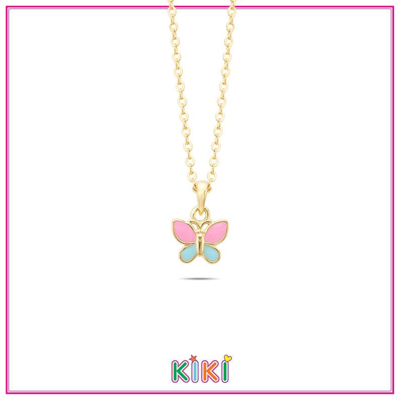 Zilveren kinder ketting goldplated vlinder roze/blauw | Kiki - Staartjes en Strikjes