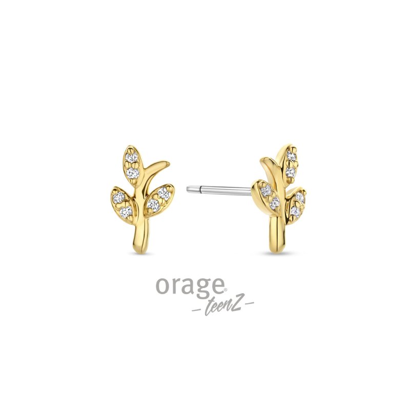 Zilveren kinderoorbellen blaadjes met zirconia goldplated Orage Teenz - Staartjes en Strikjes