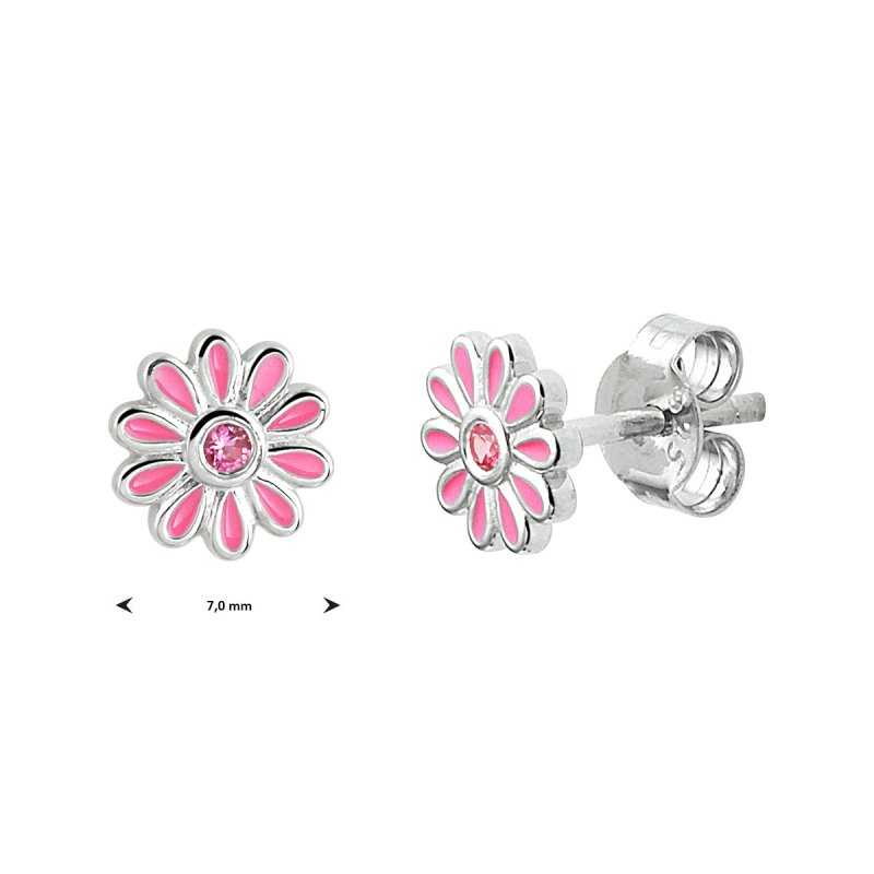 Zilveren kinderoorbellen bloemetjes roze met zirconia - Staartjes en Strikjes