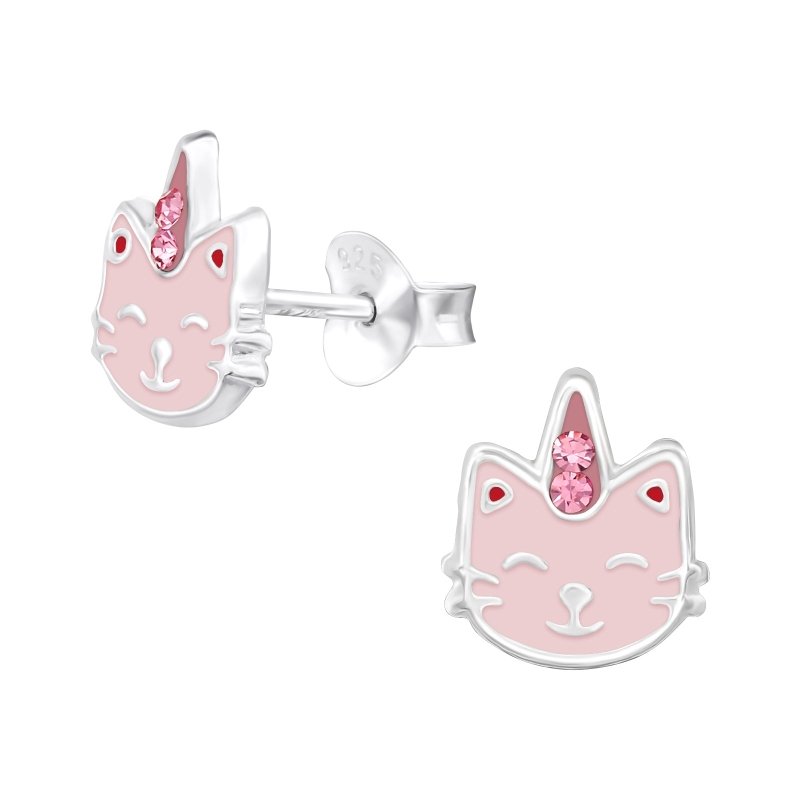 Zilveren kinderoorbellen caticorn roze - Staartjes en Strikjes