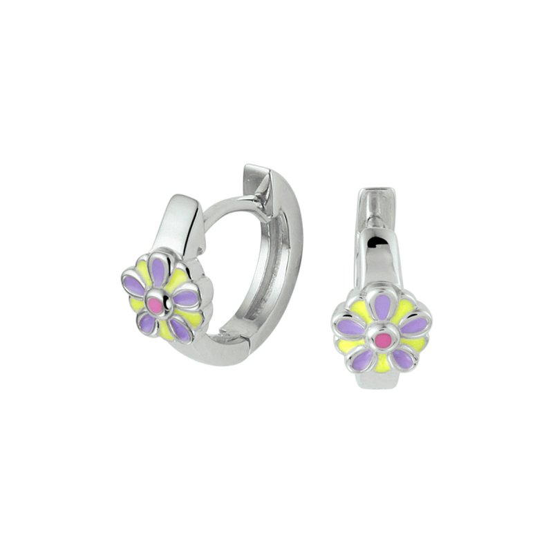 Zilveren kinderoorbellen creolen/oorringen bloemetje paars/geel - Staartjes en Strikjes