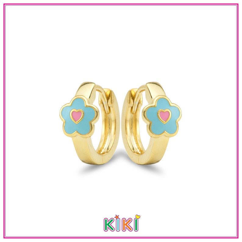 Zilveren kinderoorbellen creolen/oorringen goldplated met blauw bloemetje | Kiki - Staartjes en Strikjes