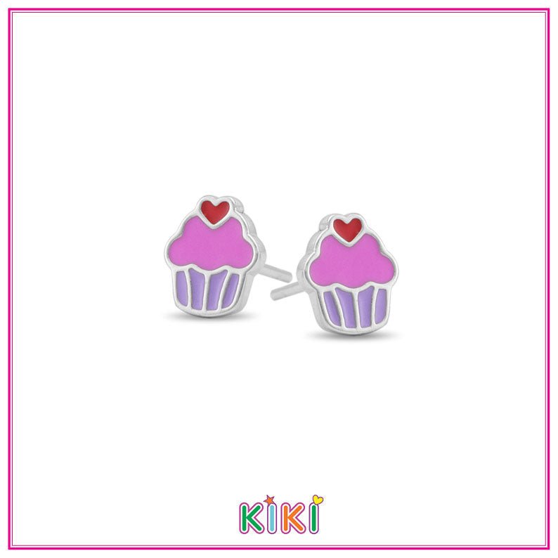 Zilveren kinderoorbellen cupcake paars/roze | Kiki - Staartjes en Strikjes