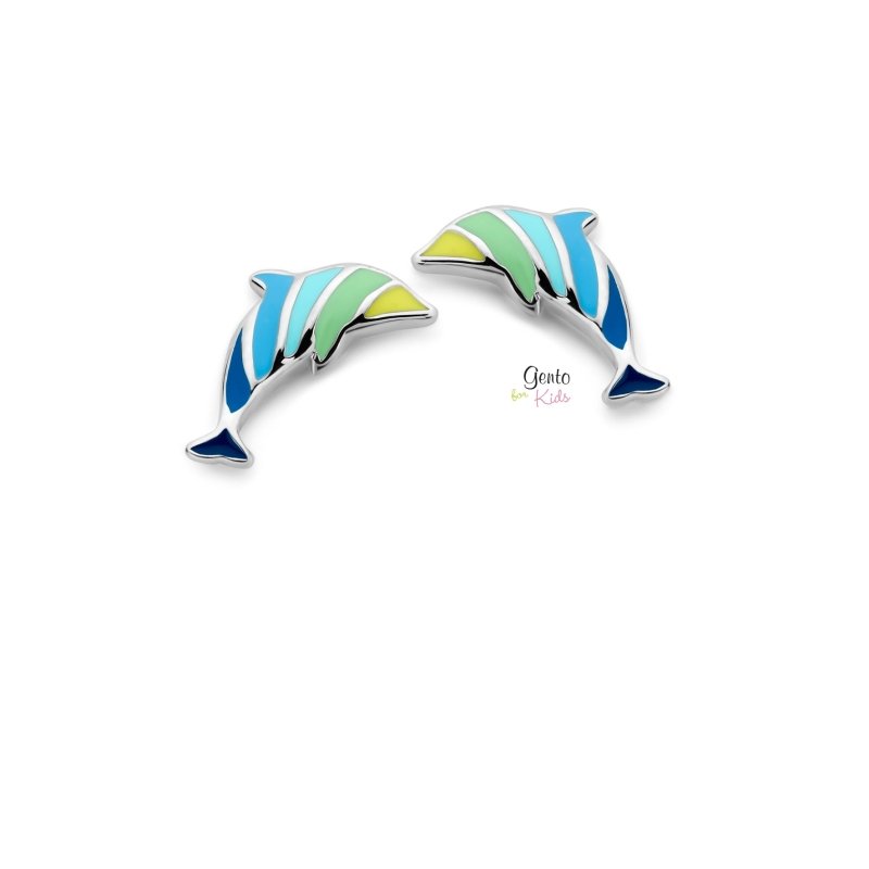 Zilveren kinderoorbellen dolfijn blauw/groen Gento for kids - Staartjes en Strikjes