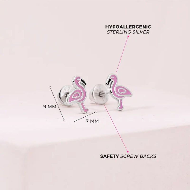 Zilveren kinderoorbellen flamingo | schroefsluiting - Staartjes en Strikjes