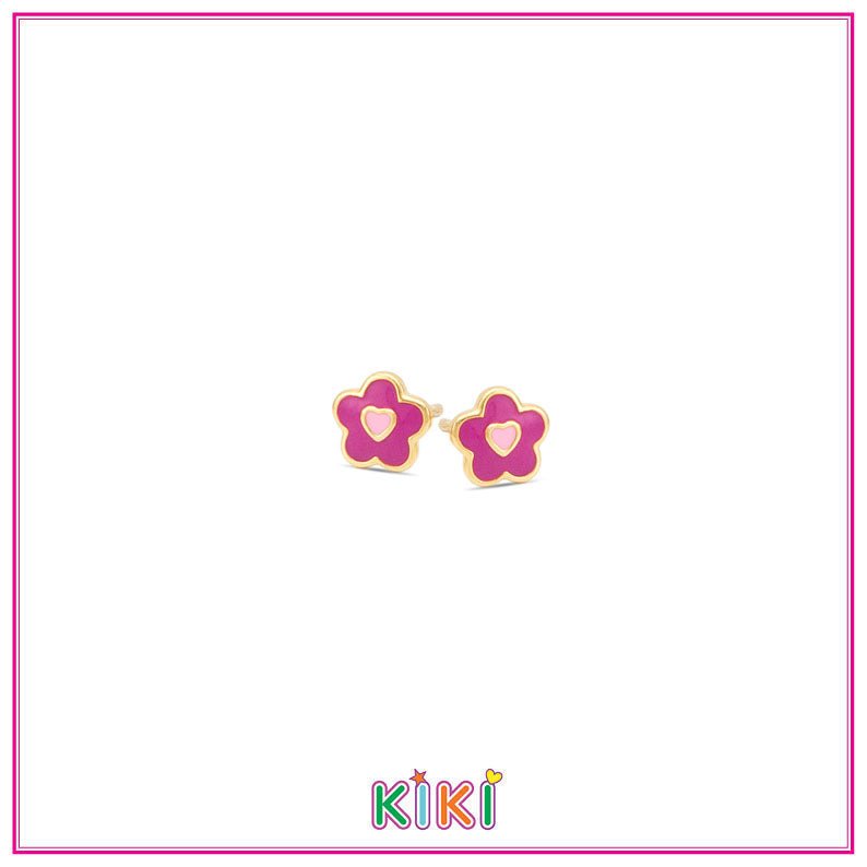 Zilveren kinderoorbellen gold plated bloemetje donkerroze | Kiki - Staartjes en Strikjes