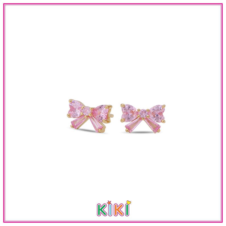 Zilveren kinderoorbellen gold plated roze strikjes | Kiki - Staartjes en Strikjes