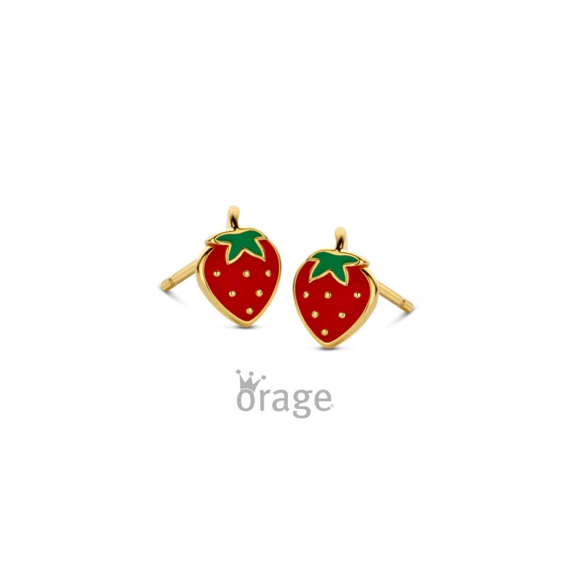 Zilveren kinderoorbellen goldplated aardbei - Orage Kids - Staartjes en Strikjes