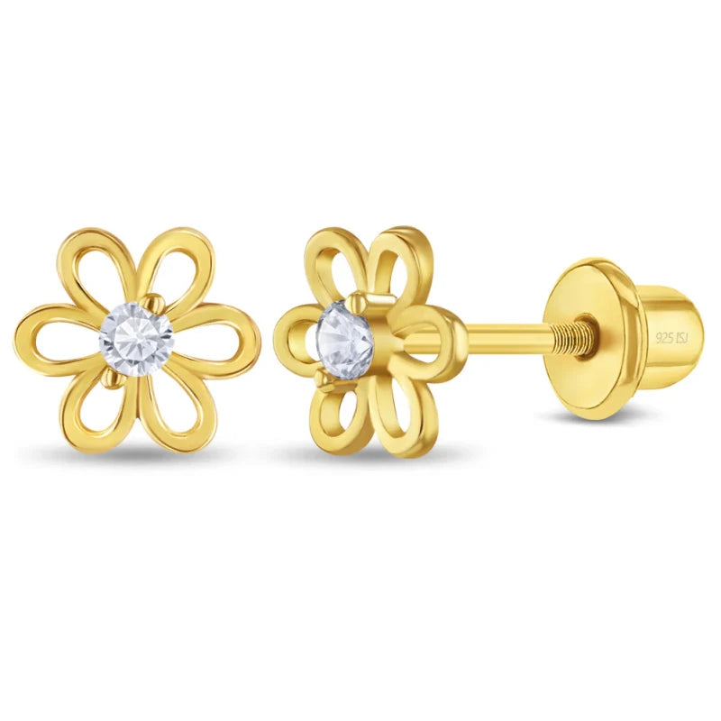 Zilveren kinderoorbellen goldplated bloemetje zirconia | schroefsluiting - Staartjes en Strikjes