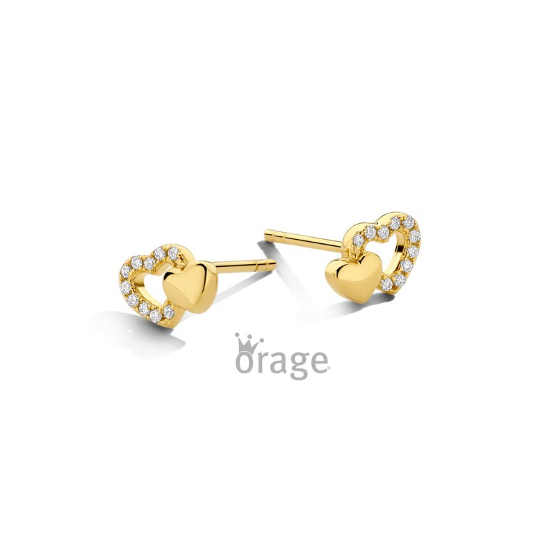 Zilveren kinderoorbellen goldplated dubbel hartje - Orage - Staartjes en Strikjes