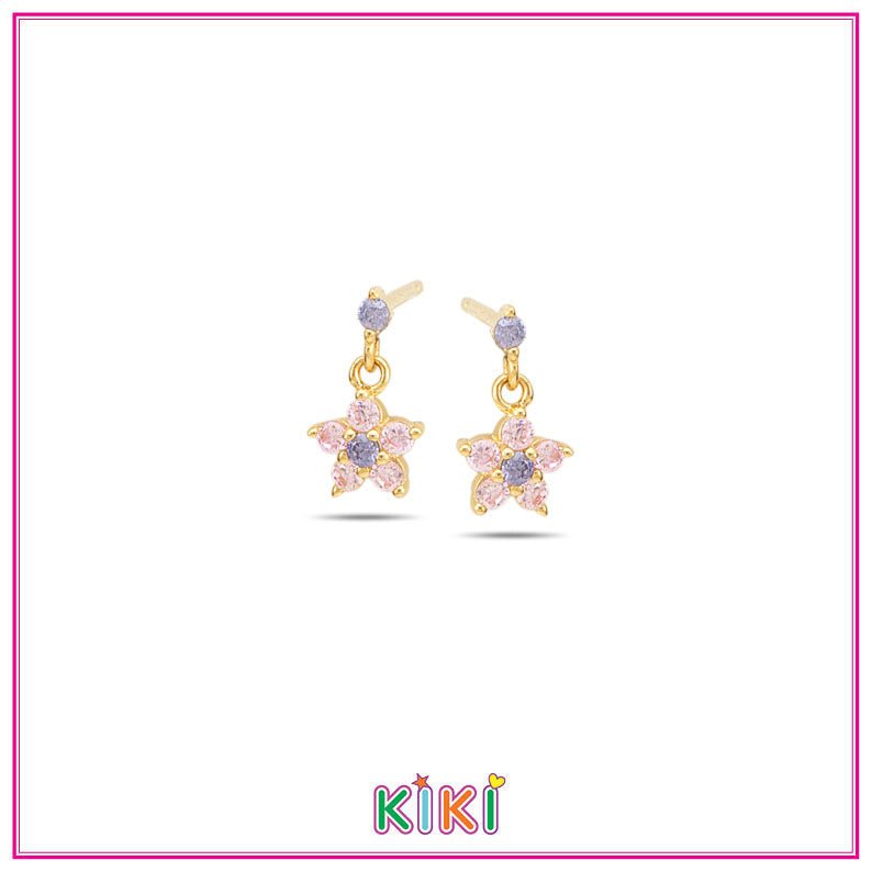 Zilveren kinderoorbellen goldplated hangertje bloemetje paars/roze - Kiki - Staartjes en Strikjes