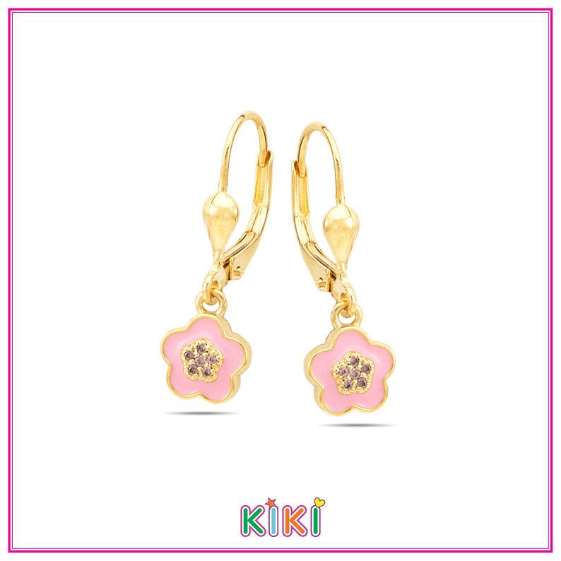 Zilveren kinderoorbellen goldplated hangertje bloemetje roze - Kiki - Staartjes en Strikjes