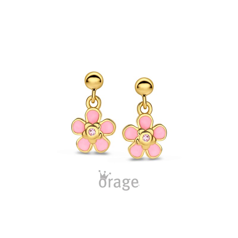 Zilveren kinderoorbellen goldplated hangertjes met bloemetje - Orage Kids - Staartjes en Strikjes