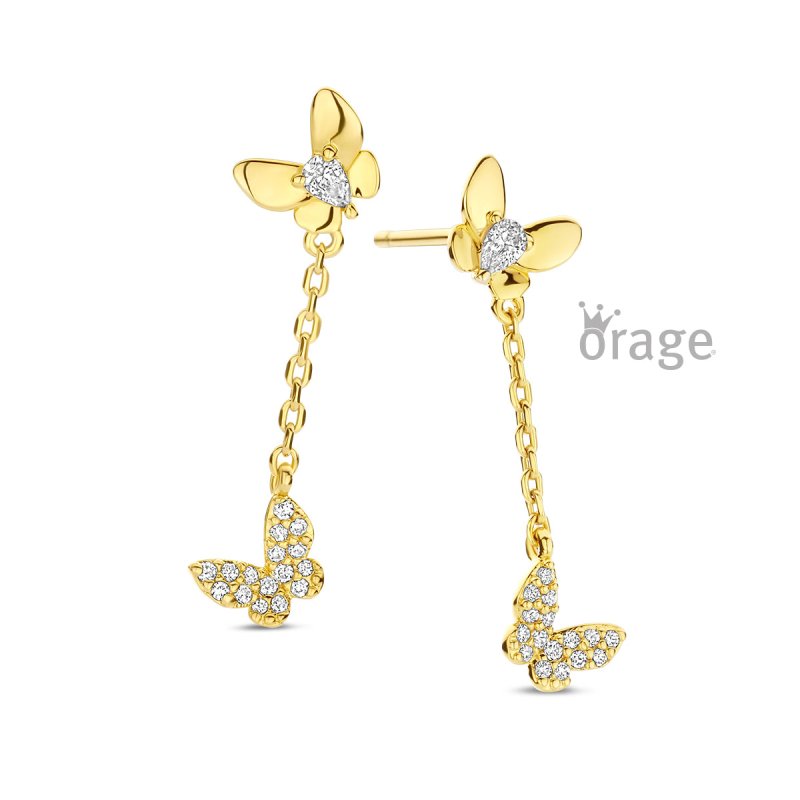 Zilveren kinderoorbellen goldplated hangertjes met vlindertje - Orage Kids - Staartjes en Strikjes