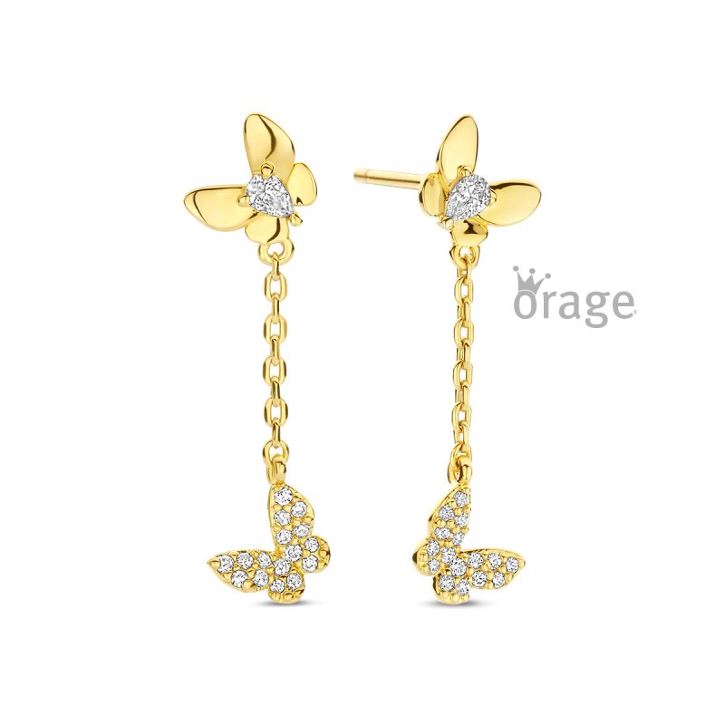 Zilveren kinderoorbellen goldplated hangertjes met vlindertje - Orage Kids - Staartjes en Strikjes