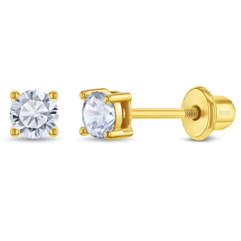 Zilveren kinderoorbellen goldplated knopje zirconia 3 mm | schroefsluiting - Staartjes en Strikjes