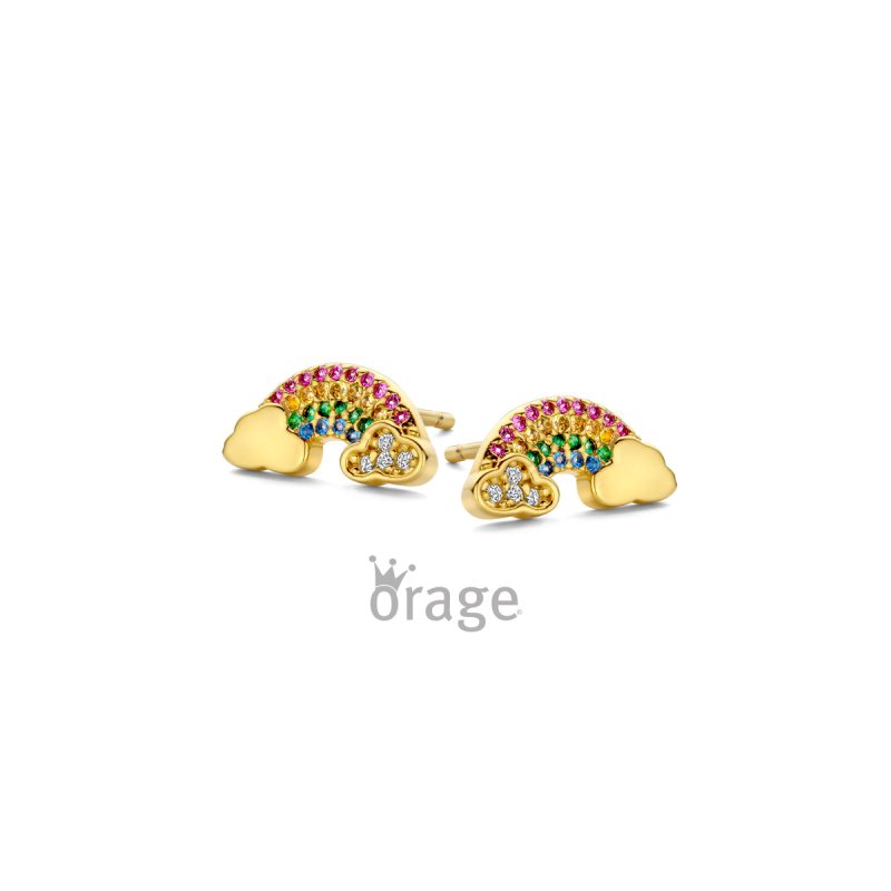 Zilveren kinderoorbellen goldplated regenboog zirconia - Orage Kids - Staartjes en Strikjes