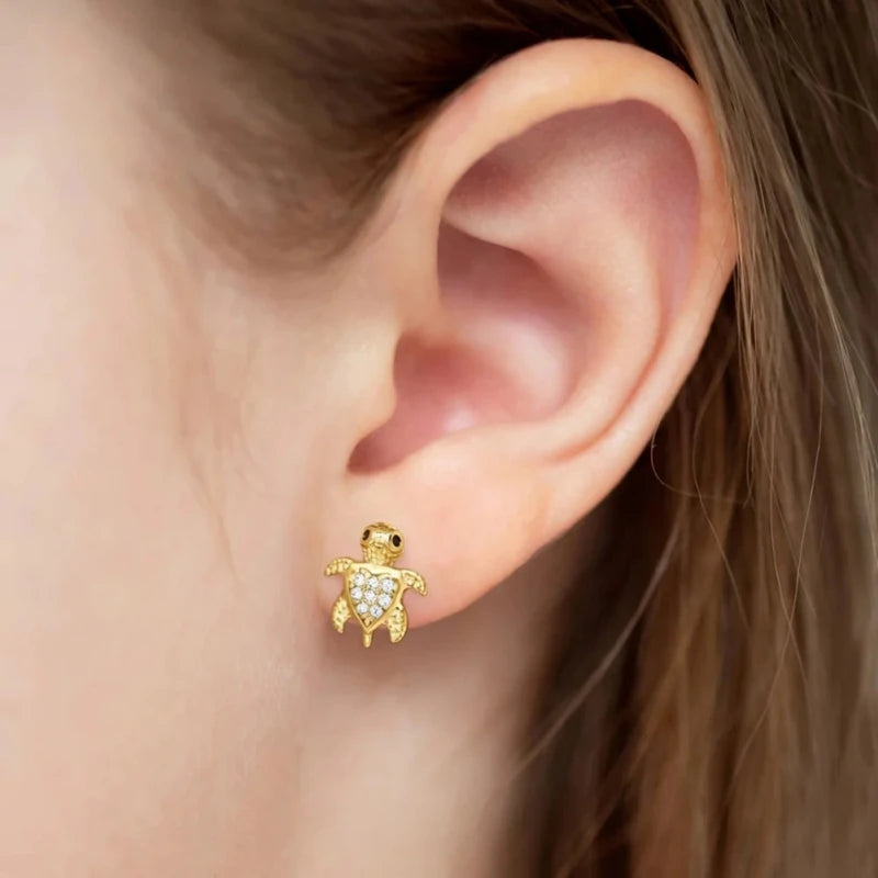 Zilveren kinderoorbellen goldplated schilpad | schroefsluiting - Staartjes en Strikjes