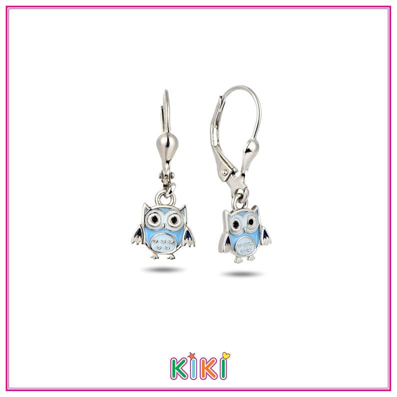 Zilveren kinderoorbellen hangertje blauwe uiltjes - Kiki - Staartjes en Strikjes