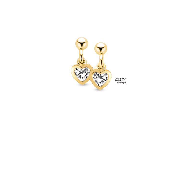 Zilveren kinderoorbellen hangertje goldplated hartjes zirconia - Gento Young - Staartjes en Strikjes
