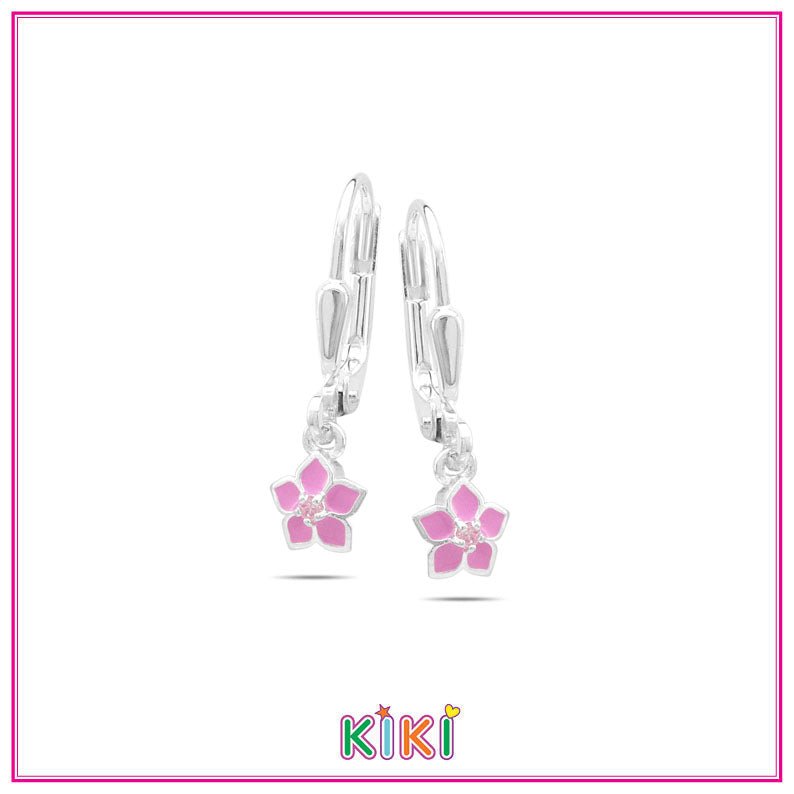 Zilveren kinderoorbellen hangertje klein bloemetje roze - Kiki - Staartjes en Strikjes