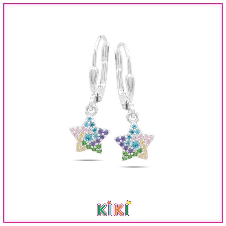 Zilveren kinderoorbellen hangertje sterretjes gekleurde zirconia - Kiki - Staartjes en Strikjes