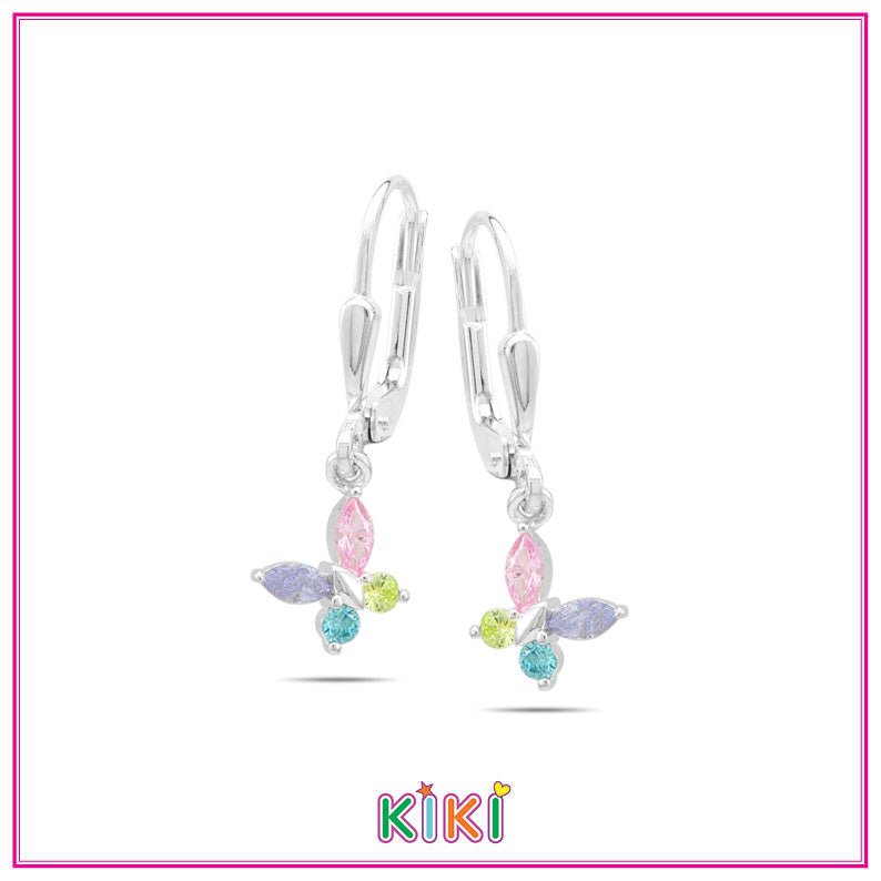 Zilveren kinderoorbellen hangertje vlinder gekleurde zirconia - Kiki - Staartjes en Strikjes