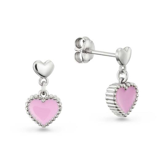 Zilveren kinderoorbellen hangertjes met roze hartjes - Staartjes en Strikjes