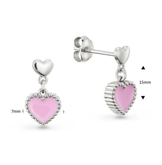 Zilveren kinderoorbellen hangertjes met roze hartjes - Staartjes en Strikjes
