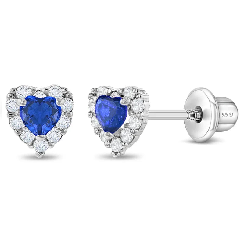 Zilveren kinderoorbellen hartje blauw zirconia | schroefsluiting - Staartjes en Strikjes