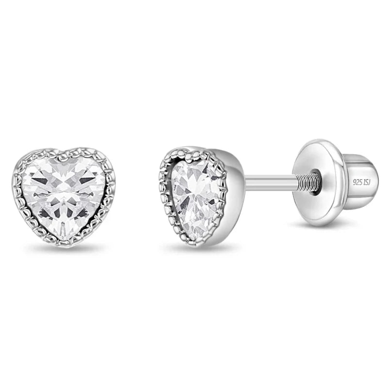 Zilveren kinderoorbellen hartje zirconia | schroefsluiting - Staartjes en Strikjes