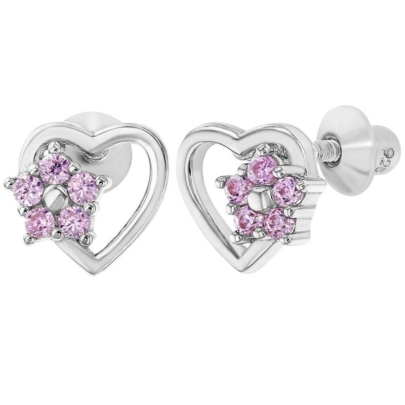 Zilveren kinderoorbellen hartjes met roze bloemetje |schroefsluiting - Staartjes en Strikjes