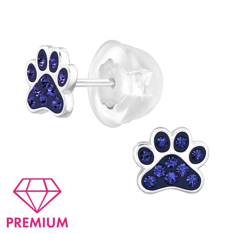 Zilveren kinderoorbellen hondenpootjes kristalletjes paars - Staartjes en Strikjes