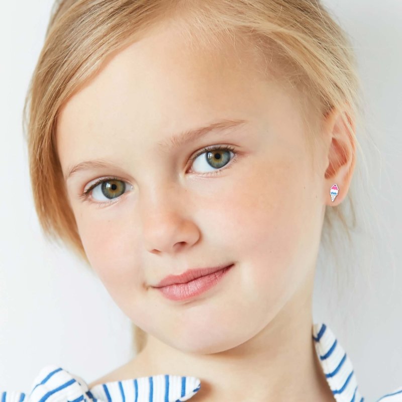 Zilveren kinderoorbellen ijshoorntje met crystal - Staartjes en Strikjes